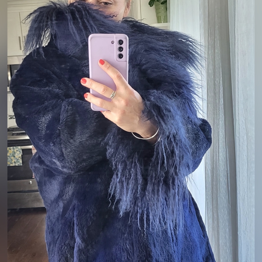 Venezia Navy Blue Faux Fur Teddy Coat with Long Pile Collar